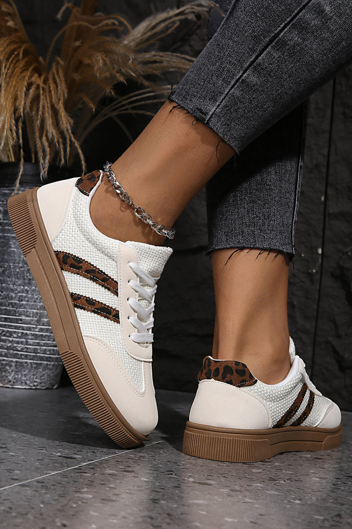 White Textured Woven PU Leather Leopard Patchwork Flat Sneakers Dear-Lover Dropshipping