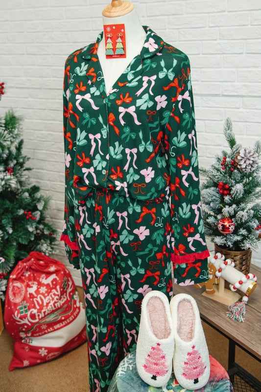 Bow Button-Up Top and Pants Pajama Set