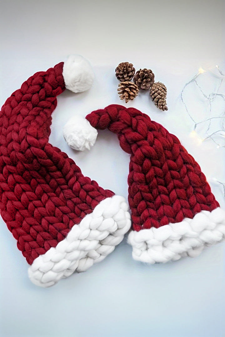 Dearlove Red Dahlia Color Block Pom Pom Decor Chunky Knitted Christmas Hat Dear-Lover Dropshipping