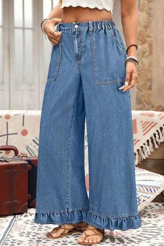 Plus Size Denim Elastic Waist Wide Leg Pants