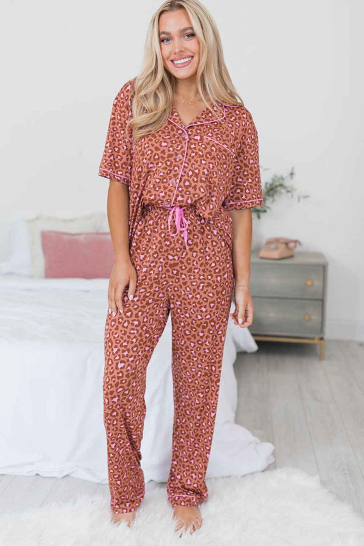 Brown Leopard Print Short Sleeve Shirt and Pants Pajamas Set Dear-Lover Dropshipping