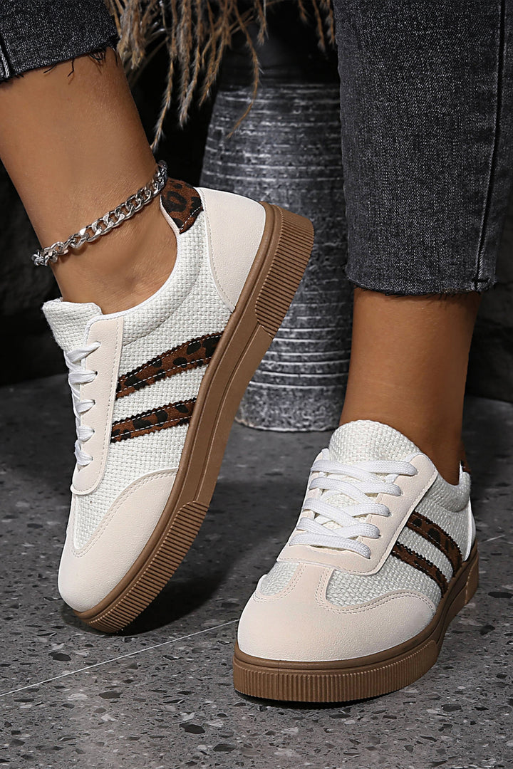 White Textured Woven PU Leather Leopard Patchwork Flat Sneakers Dear-Lover Dropshipping