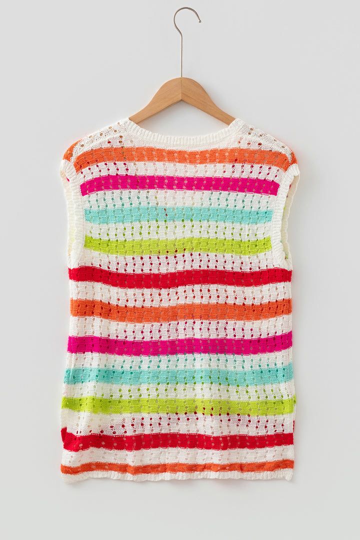 Multicolour Striped Eyelet Knit V Neck Sweater Tee Dear-Lover Dropshipping