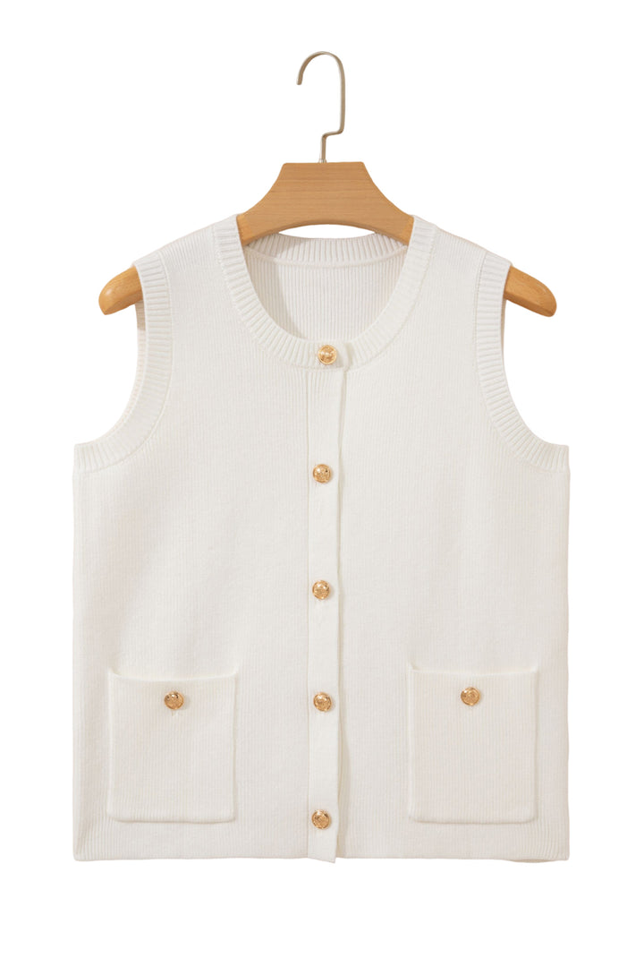 Yellow Cream Solid Color Sleeveless Knit Button Pocketed Sweater Dear-Lover Dropshipping