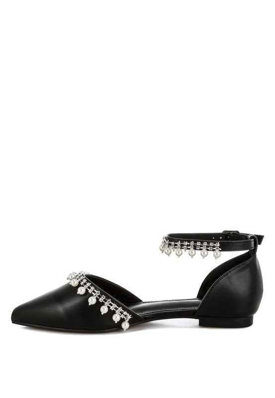 Aouva Rhinestone & Pearl Ankle Strap Flat Sandals