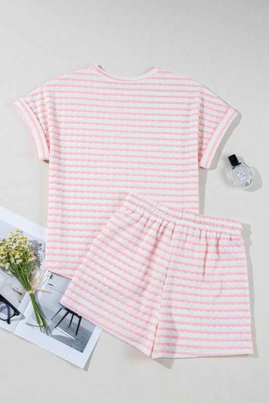 Stripe Knitted Top & Drawstring Shorts Set