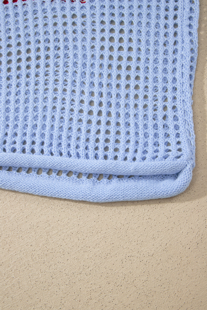 Beau Blue Hollow Out Crochet Knit American Flag Patched Sweater Hoodie Dear-Lover Dropshipping