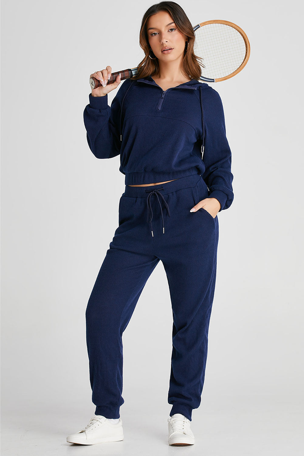 Navy Blue Ribbed Knit Cropped Hoodie and Drawstring Joggers Set Dear-Lover Dropshipping