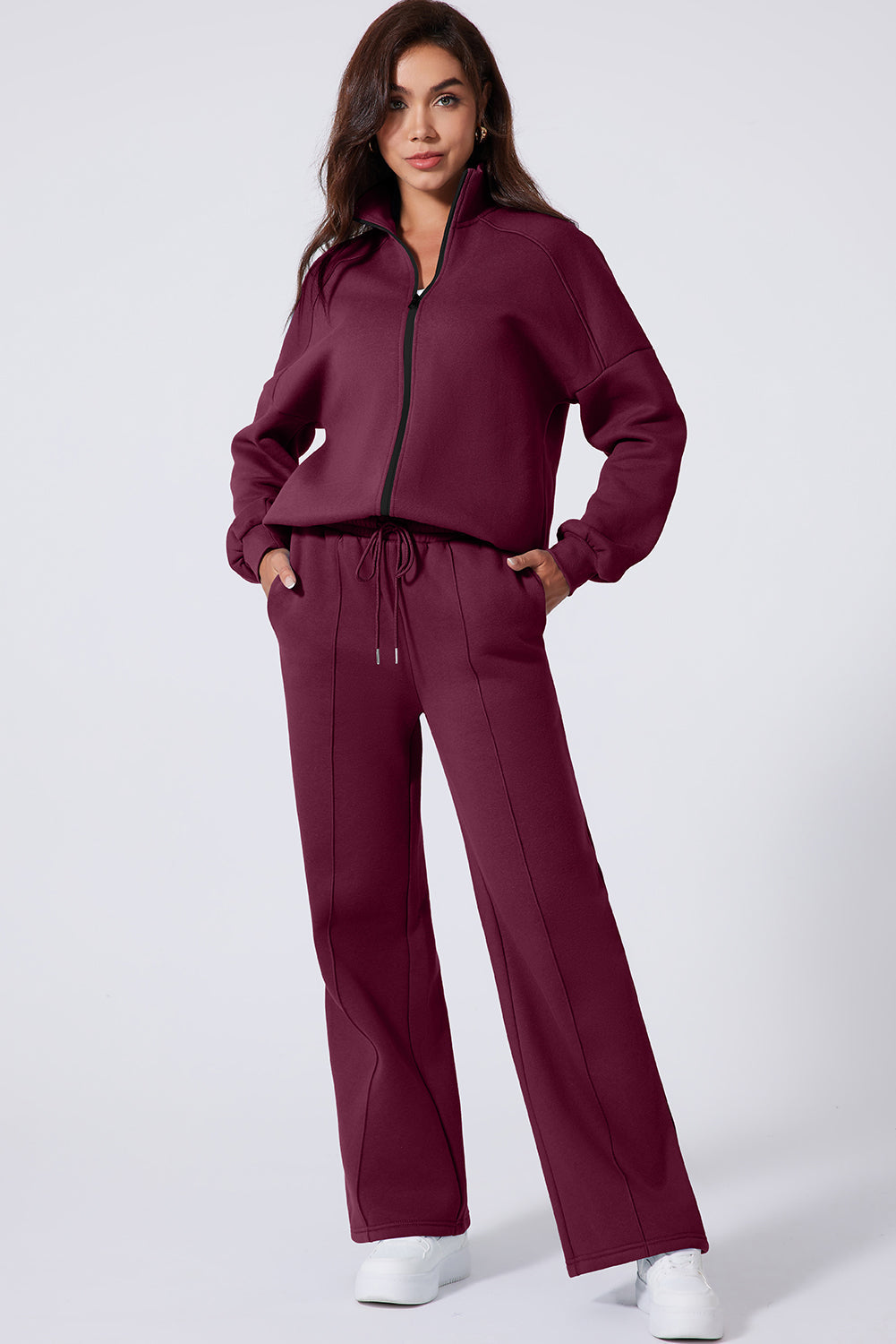 Burgundy Drop Shoulder Zip Up Jacket Drawstring Pants Active 2pcs Set Dear-Lover Dropshipping