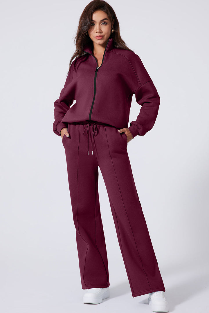 Burgundy Drop Shoulder Zip Up Jacket Drawstring Pants Active 2pcs Set Dear-Lover Dropshipping