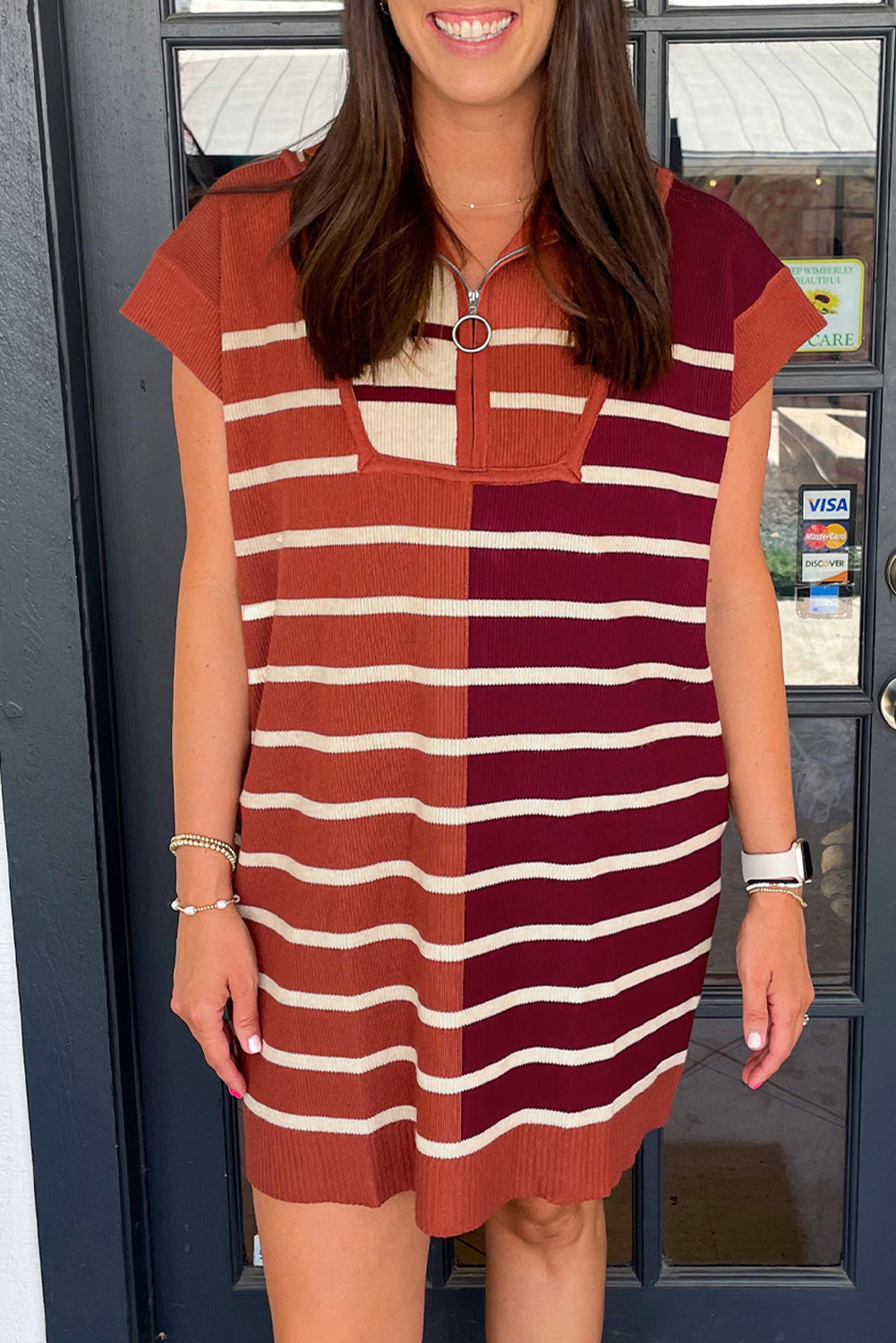 Brown Stripe Color Block Quarter Zip Collar Short Sleeve Sweater Dress Dear-Lover Dropshipping