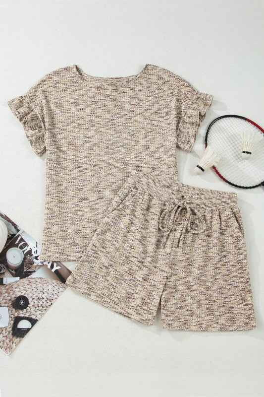 Textured Ruffle Sleeve Top & Drawstring Shorts Set