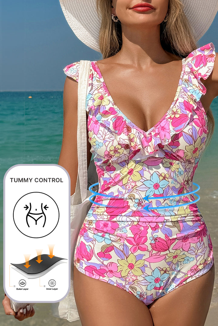 Pink Floral Ruffle Trim V Neck Lace-up Back Tummy Control One Piece Swimsuit Dear-Lover Dropshipping