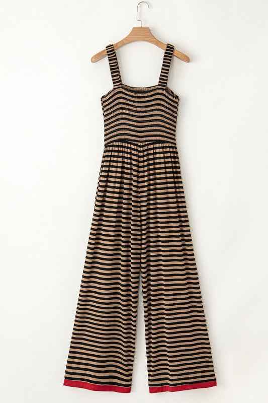 Stripe Square Neck Shirred Wide Leg Jumpsuit