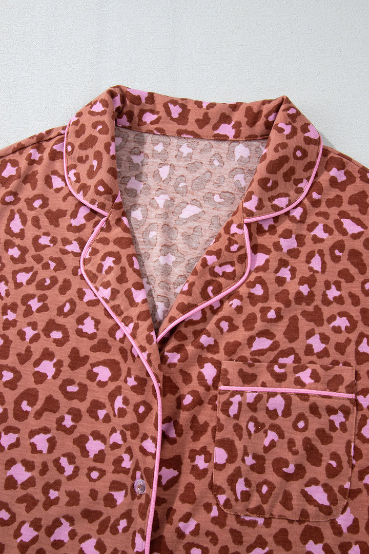 Brown Leopard Print Short Sleeve Shirt and Pants Pajamas Set Dear-Lover Dropshipping