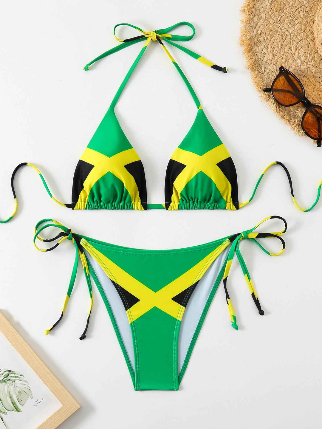 Women's Jamaica Flag Print Triangle Bikini Set, Halter Tie Top & Side Tie High Cut Bottom, 2 Piece Caribbean Swimsui