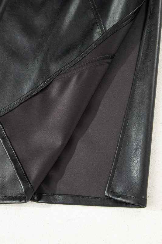 Solid Faux Leather Side Slit Maxi Skirt