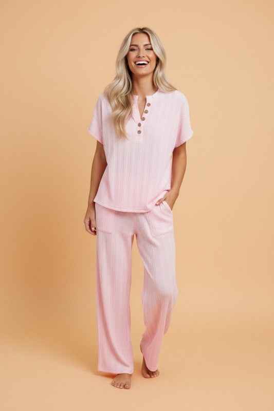 Textured Henley Top & Wide Leg Pants Set