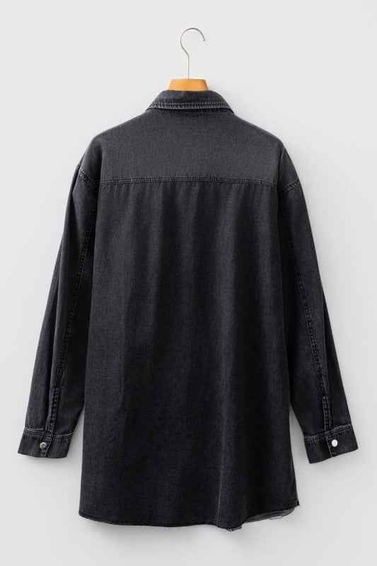 Solid Denim Chest Pocket Raw Hem Shirt Dress