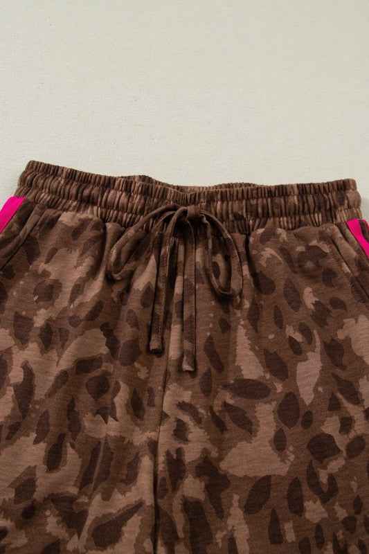 Leopard Contrast Stripe and Shorts Two-Piece Set
