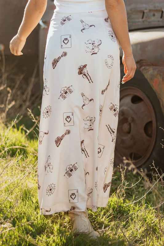 Western Lace Trim High Waist Maxi Skirt