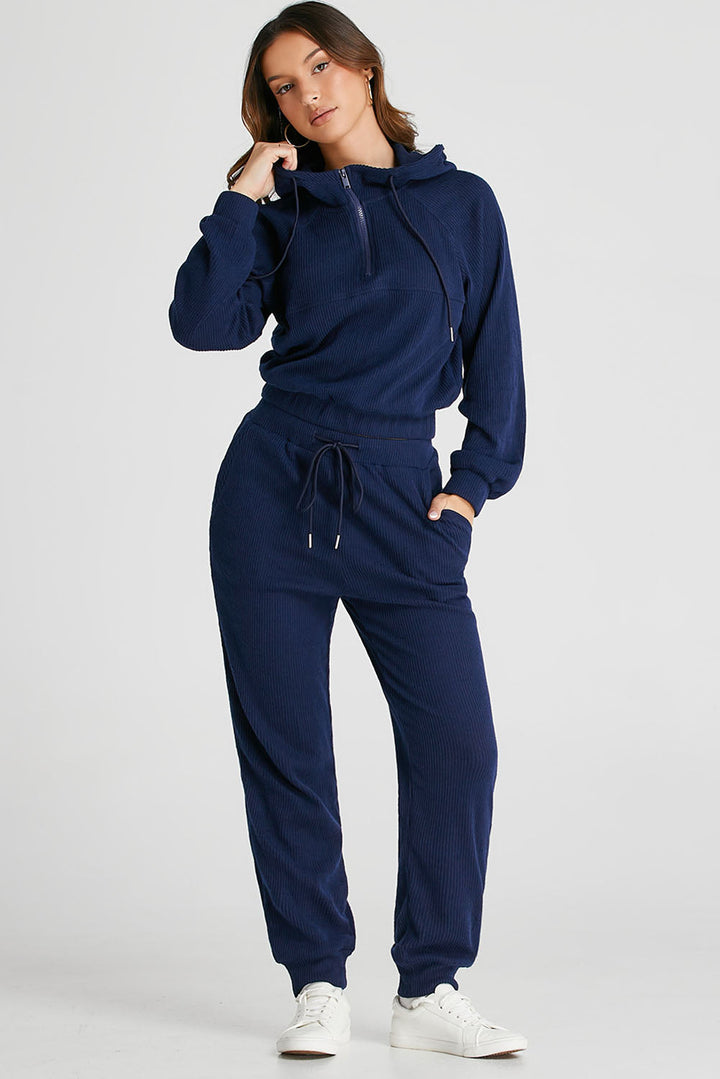 Navy Blue Ribbed Knit Cropped Hoodie and Drawstring Joggers Set Dear-Lover Dropshipping