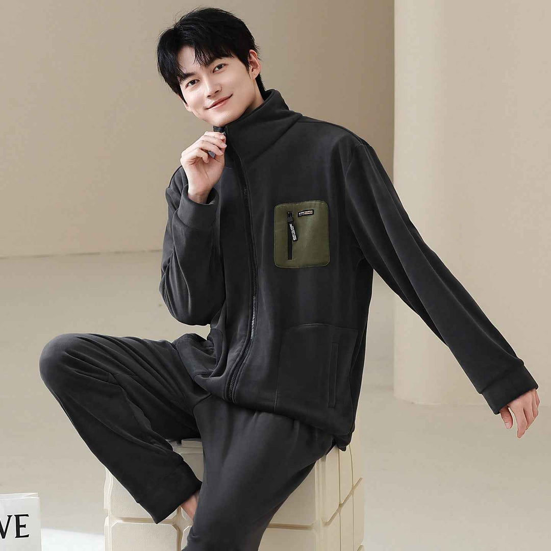 Men's thick and warm standing collar zipper home clothes in pajamas