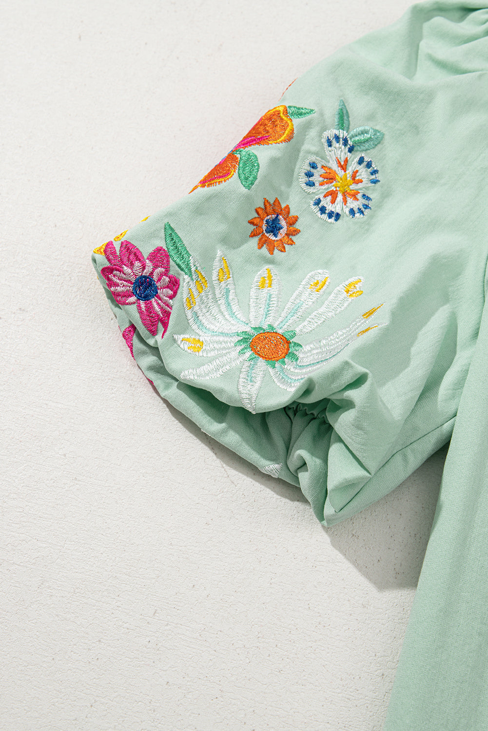 Clearly Aqua Floral Embroidered Puff Sleeve Split Neck Blouse Dear-Lover Dropshipping