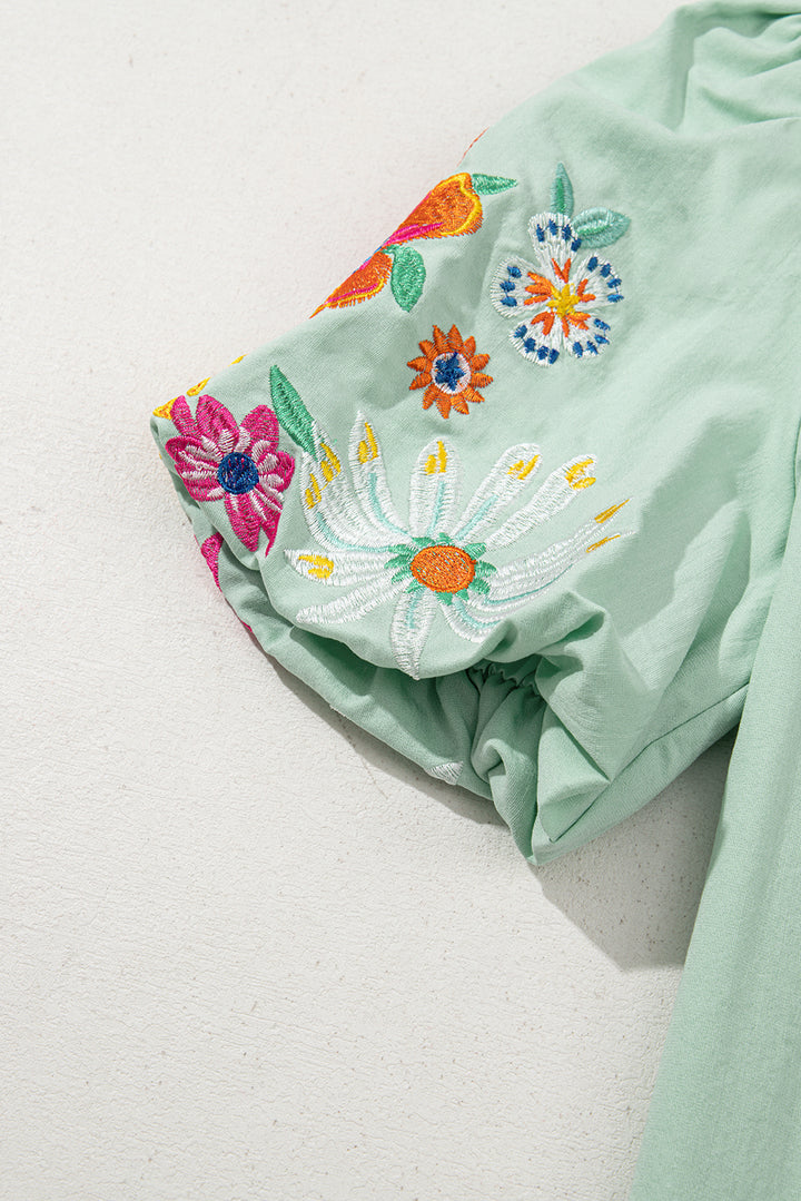 Clearly Aqua Floral Embroidered Puff Sleeve Split Neck Blouse Dear-Lover Dropshipping