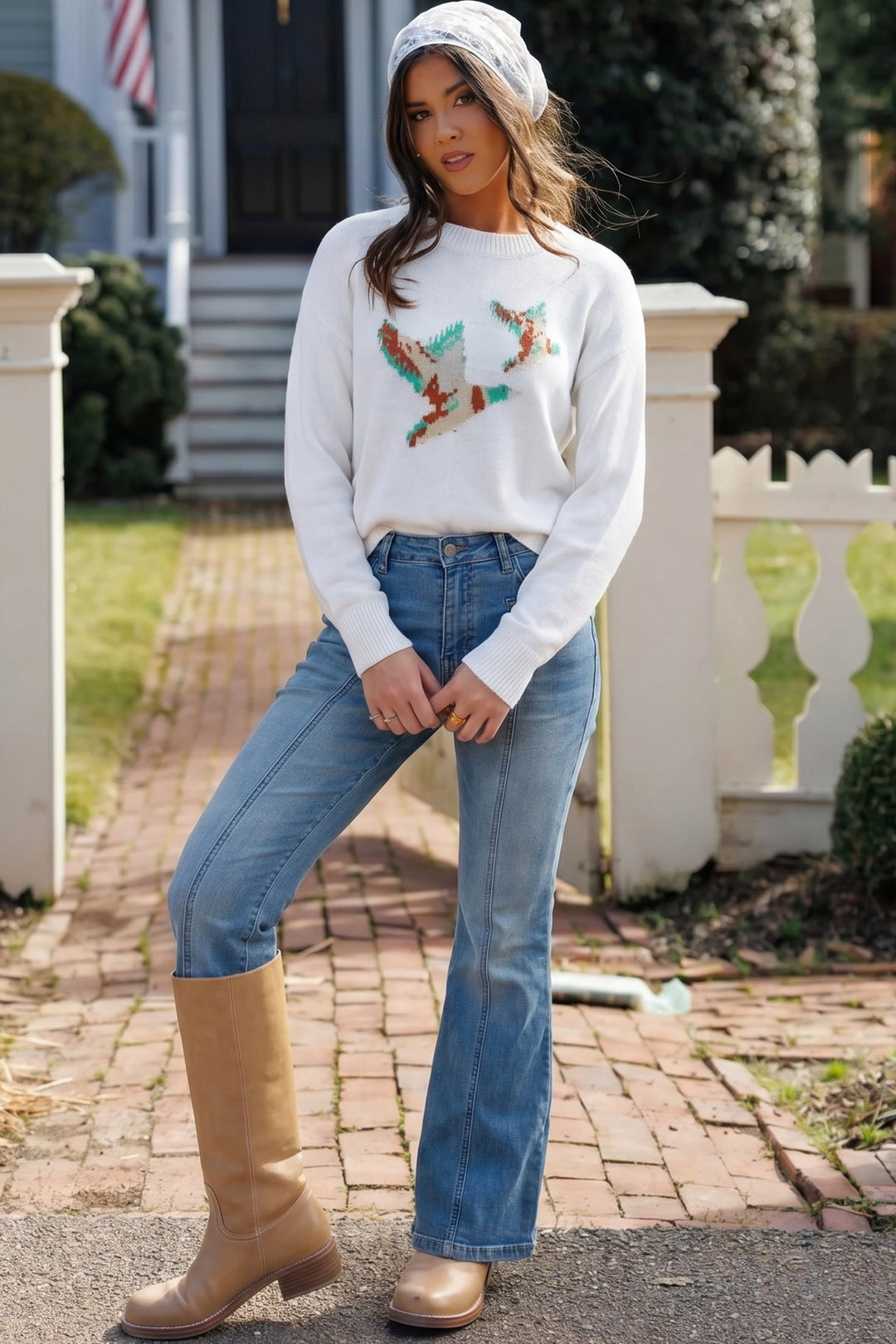 White Retro Flying Mallard Pattern Drop Shoulder Pullover Sweater Dear-Lover Dropshipping