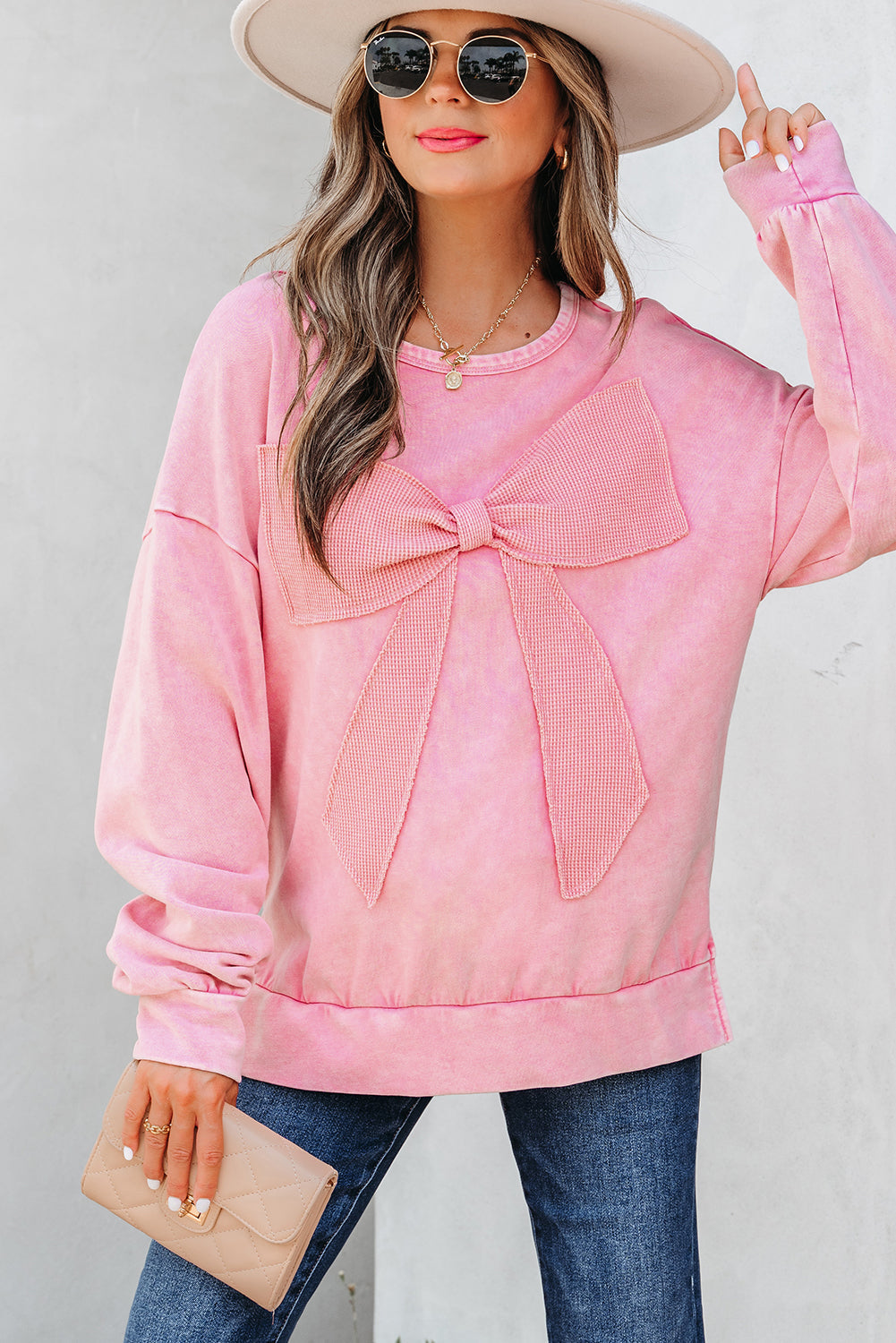 Bright Pink Mineral Wash Big Bow Patchwork Pullover Sweatshirt Dear-Lover Dropshipping
