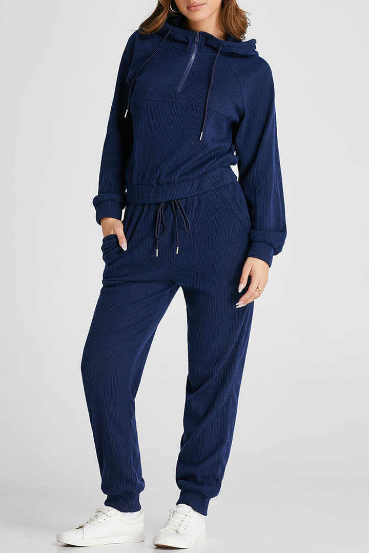 Navy Blue Ribbed Knit Cropped Hoodie and Drawstring Joggers Set Dear-Lover Dropshipping