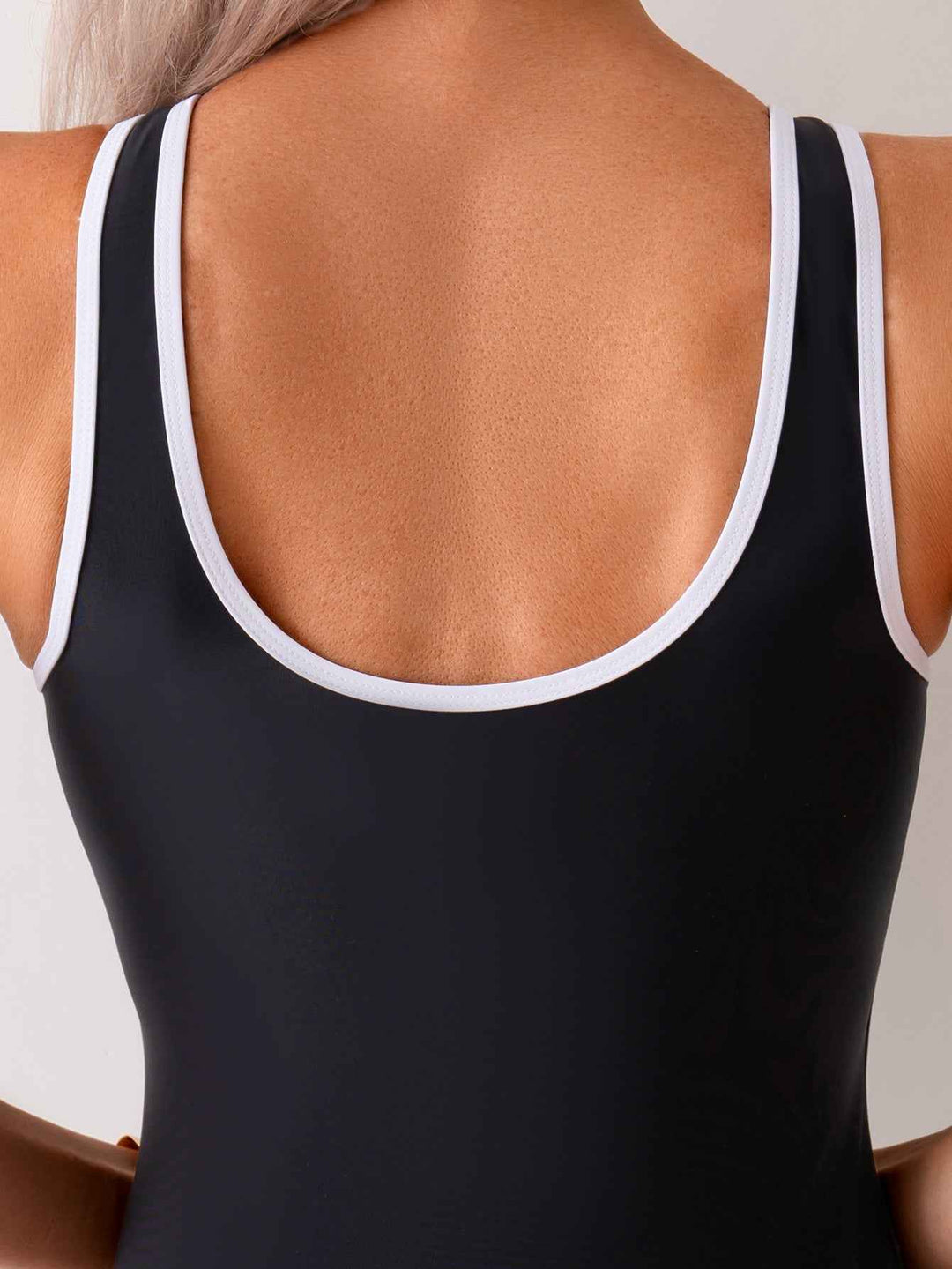 Women's Black One-Piece Swimsuit With White Contrast Trim, Zip-Front Sporty Bathing Suit, Racerback