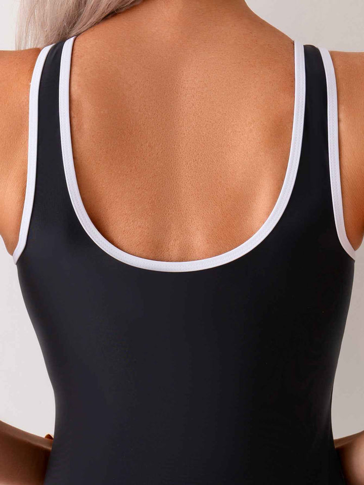 Women's Black One-Piece Swimsuit With White Contrast Trim, Zip-Front Sporty Bathing Suit, Racerback