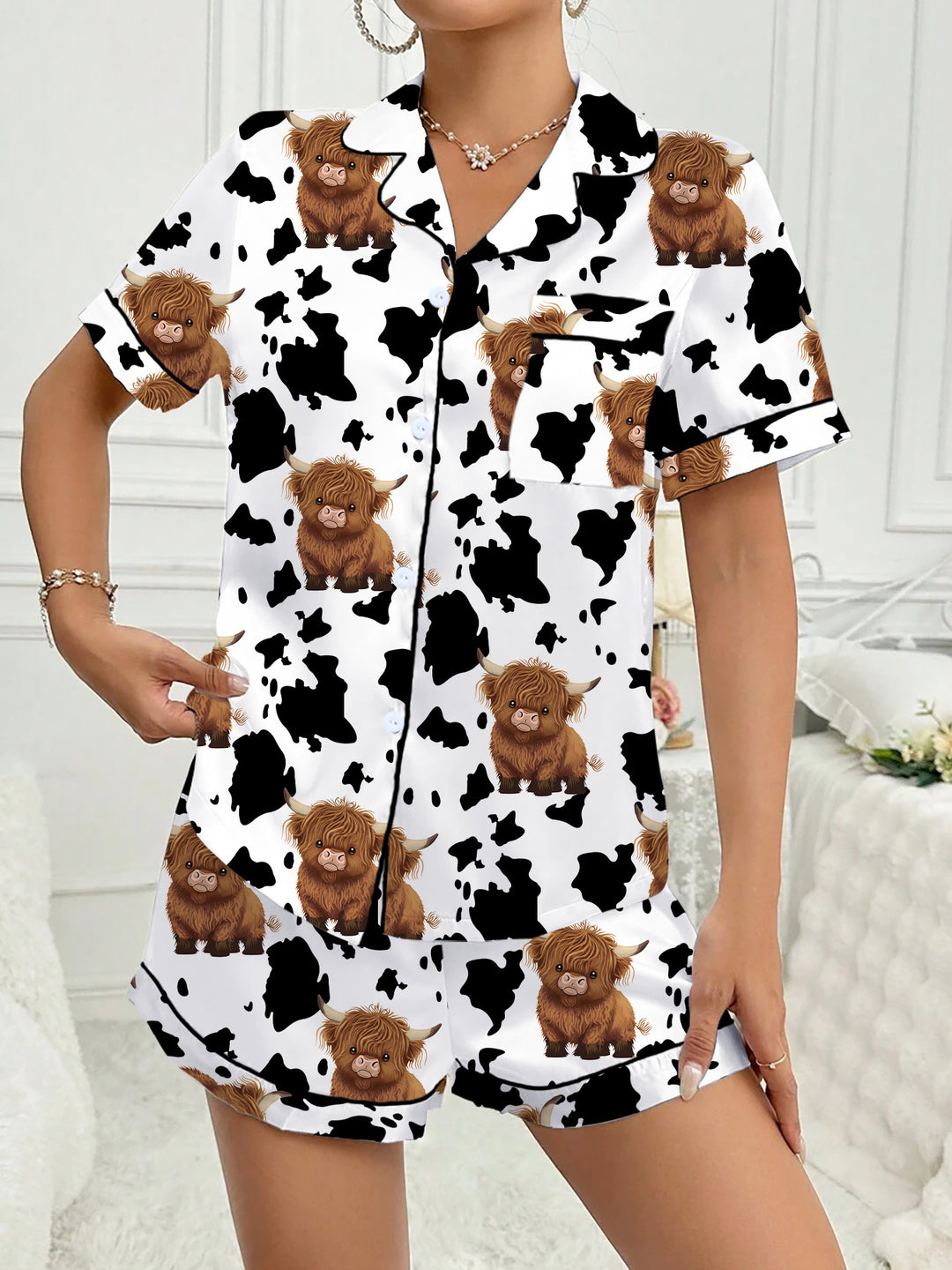 Brown Highlands Cow Flip Collar Loose Milk Silk Short Sleeve Shorts Women's Pajamas Loungewear eprolo