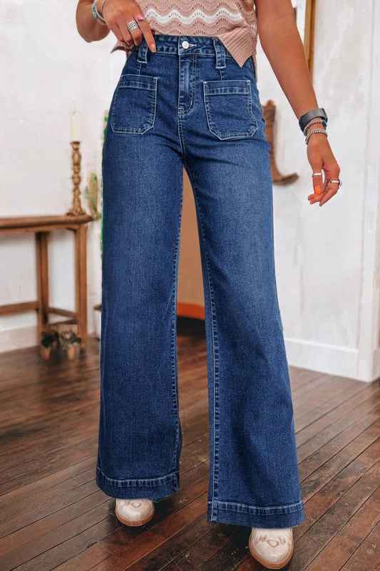 Denim Patch Pocket Wide Leg Jeans