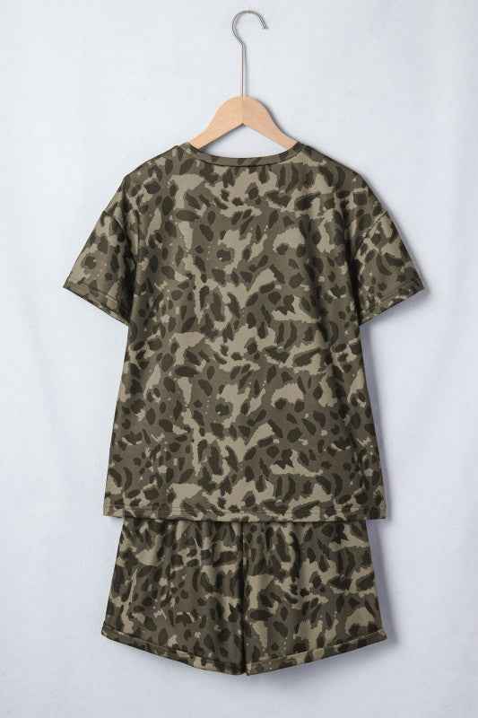 Leopard Crew Neck Tee & High Waist Shorts Set