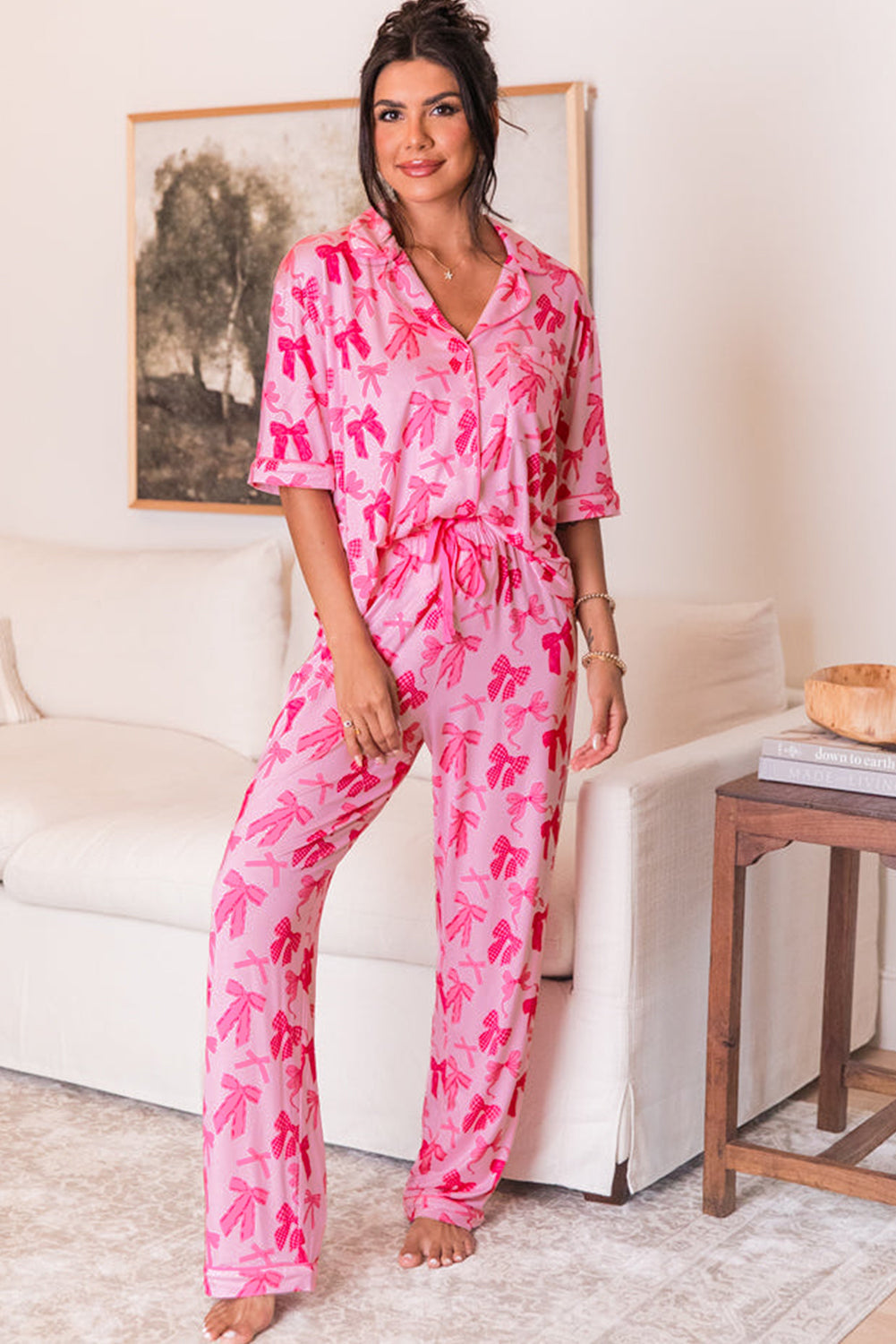 Pink Bow Knot Print Lapel Collar Short Sleeve and Pants Pajamas Set Dear-Lover Dropshipping