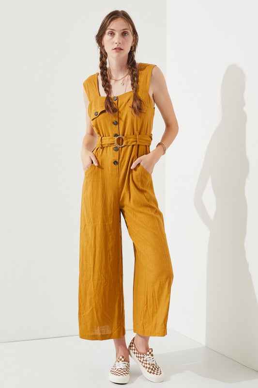 PLUS SLEEVELESS SQUARE NECK BUTTON ANKLE JUMPSUIT