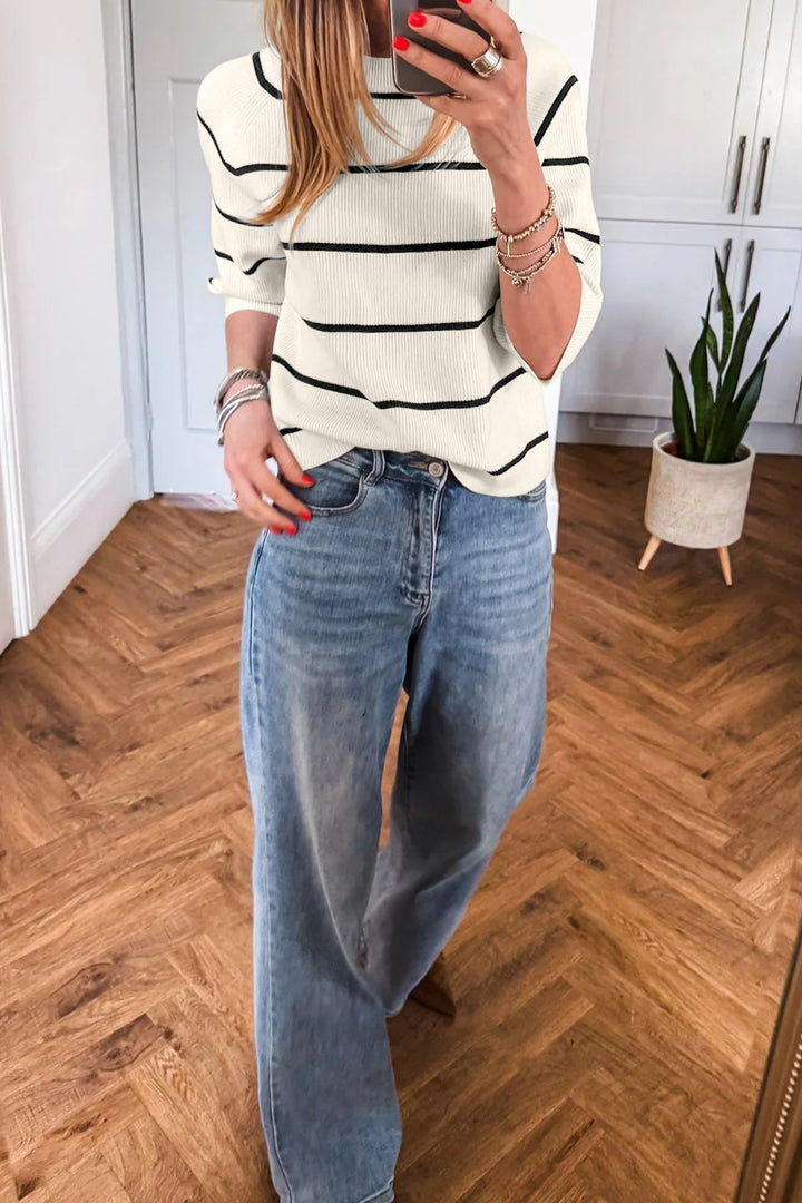 White Stripe Ribbed Knit Half Sleeve Loose Sweater Tee Dear-Lover Dropshipping