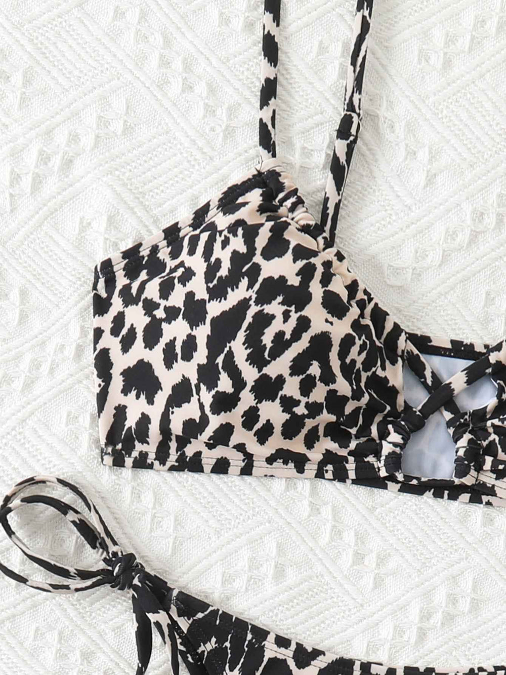Women's Leopard Print Bralette Bikini Set, Crisscross Cutout Top & Tie Side High Cut Bottom, 2 Piece Swimsuit