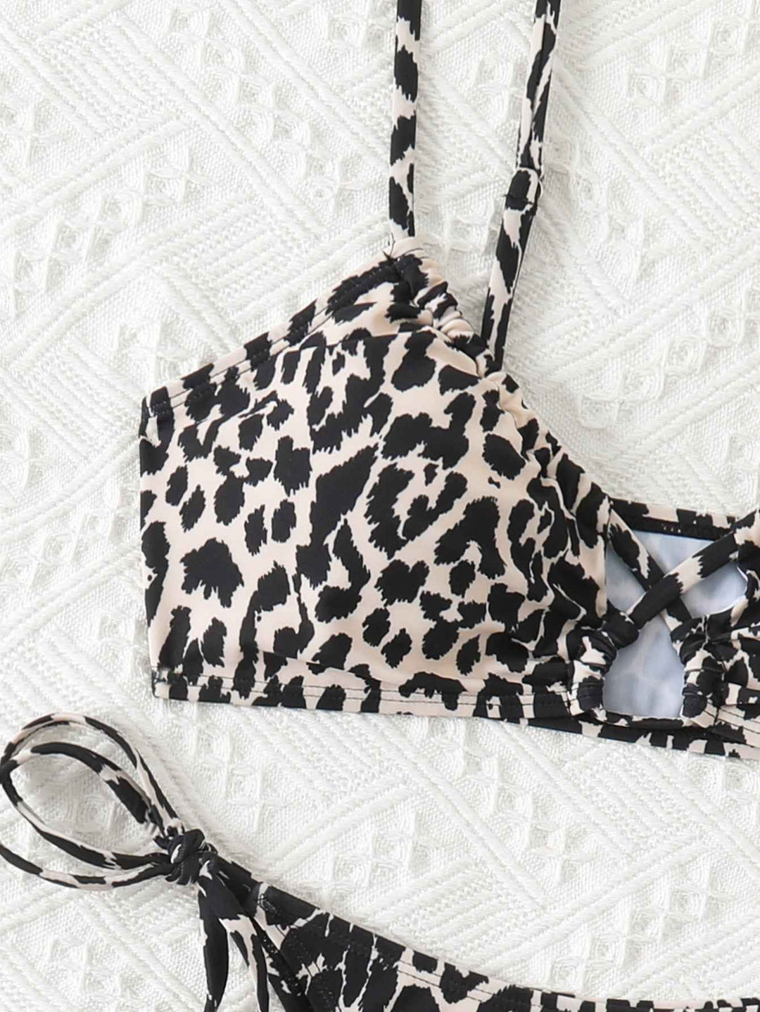 Women's Leopard Print Bralette Bikini Set, Crisscross Cutout Top & Tie Side High Cut Bottom, 2 Piece Swimsuit