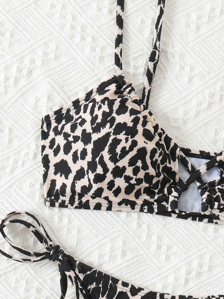 Women's Leopard Print Bralette Bikini Set, Crisscross Cutout Top & Tie Side High Cut Bottom, 2 Piece Swimsuit