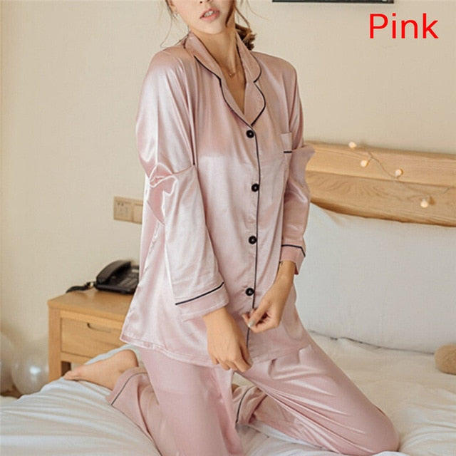 2 Piece Set Loungewear Womens Silk Satin Pajamas Pyjamas Set Long Sleeve Sleepwear Pijama Pajamas Suit Female Sleep eprolo