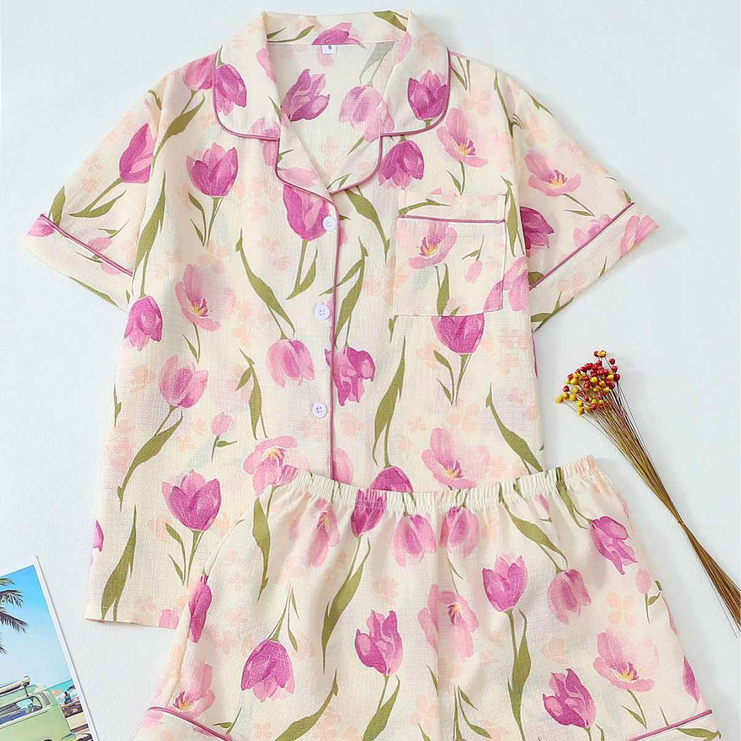 Purple Chrysanthemum Pleated Pajamas for Women, Bubble Crepe Sleepwear eprolo