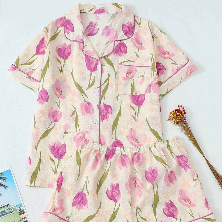 Purple Chrysanthemum Pleated Pajamas for Women, Bubble Crepe Sleepwear