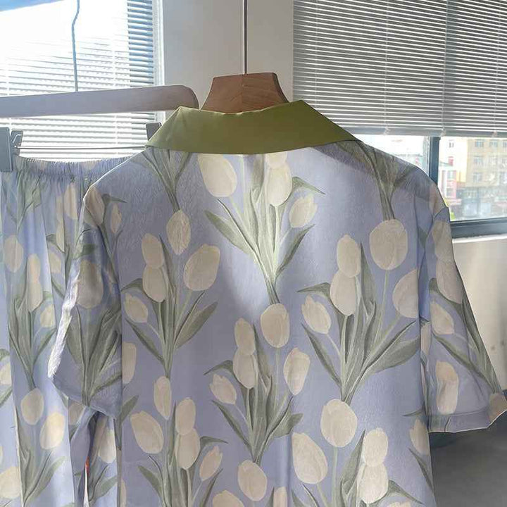 Tulip Short Sleeve Trousers Pajamas French Imitation Silk Women's Home Wear
