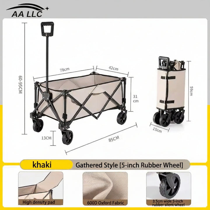A beige and black collapsible folding utility wagon with dimension callouts and inset detail photos. The main product view shows the wagon folded open with a handle and wheels, plus a smaller side view and three feature panels at the bottom reading khaki, Gathered Style [5-inch Rubber Wheel], High density pad, 600D Oxford Fabric, and 1.