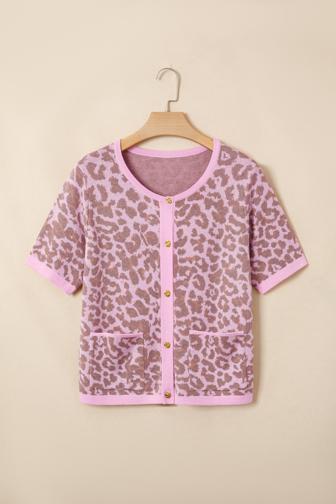 Pink Leopard Button Down Short Sleeve Sweater Cardigan Dear-Lover Dropshipping