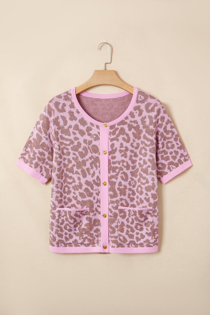 Pink Leopard Button Down Short Sleeve Sweater Cardigan Dear-Lover Dropshipping
